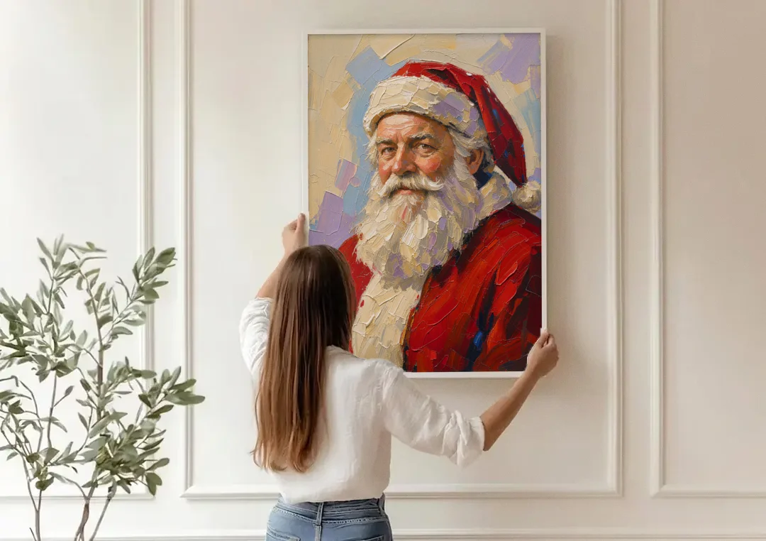 Santa Portrait Painting in Lavender and Red canvas wall art being hung on a paneled wall
