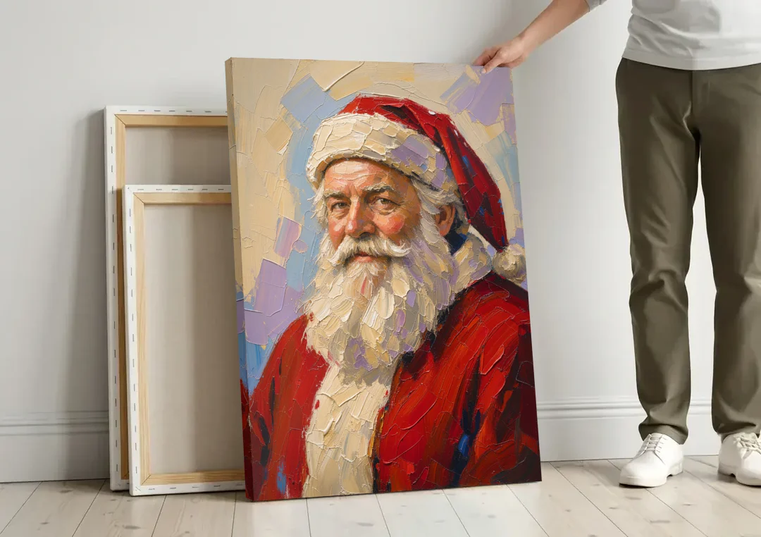 Santa Portrait Painting in Lavender and Red canvas wall art leaning against a wall next to blank canvases