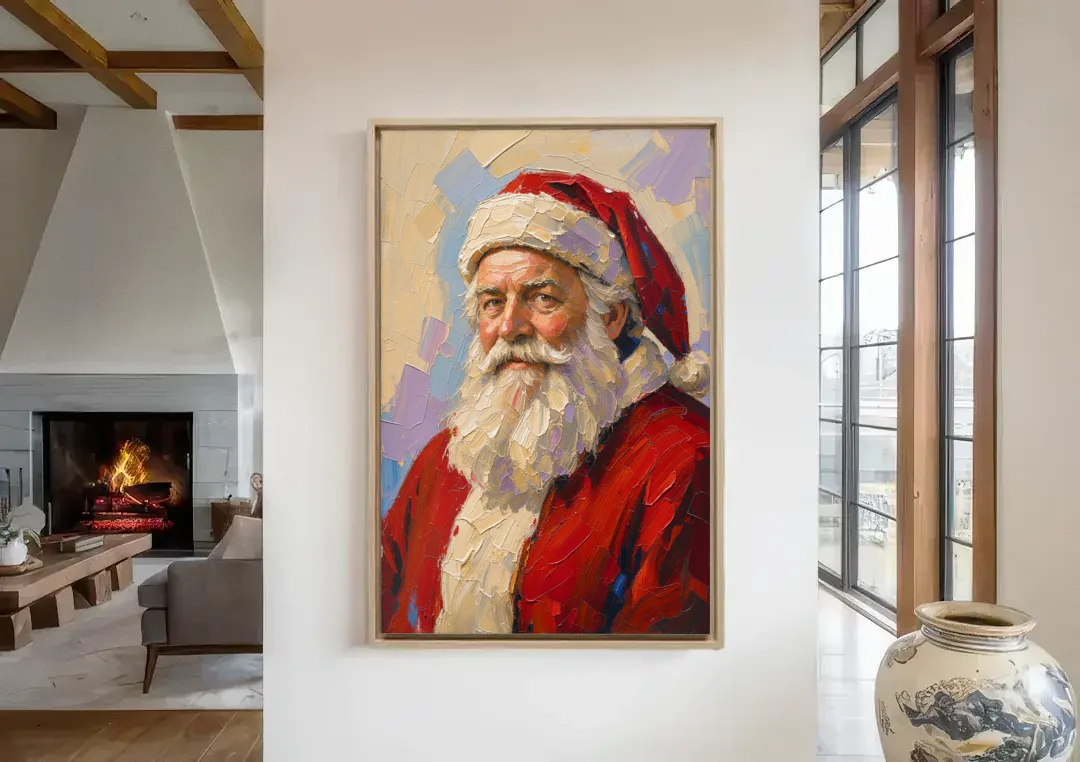 Santa Portrait Painting in Lavender and Red canvas wall art in a living room with a fireplace