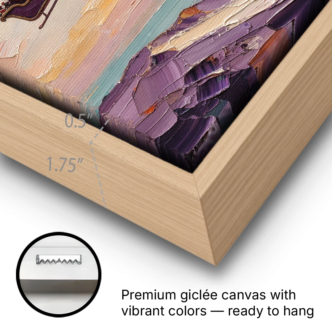 Santa Sleigh Painting Over Lavender Hills - Oak Framed Canvas Wall Art - Gallery Wrap Corner