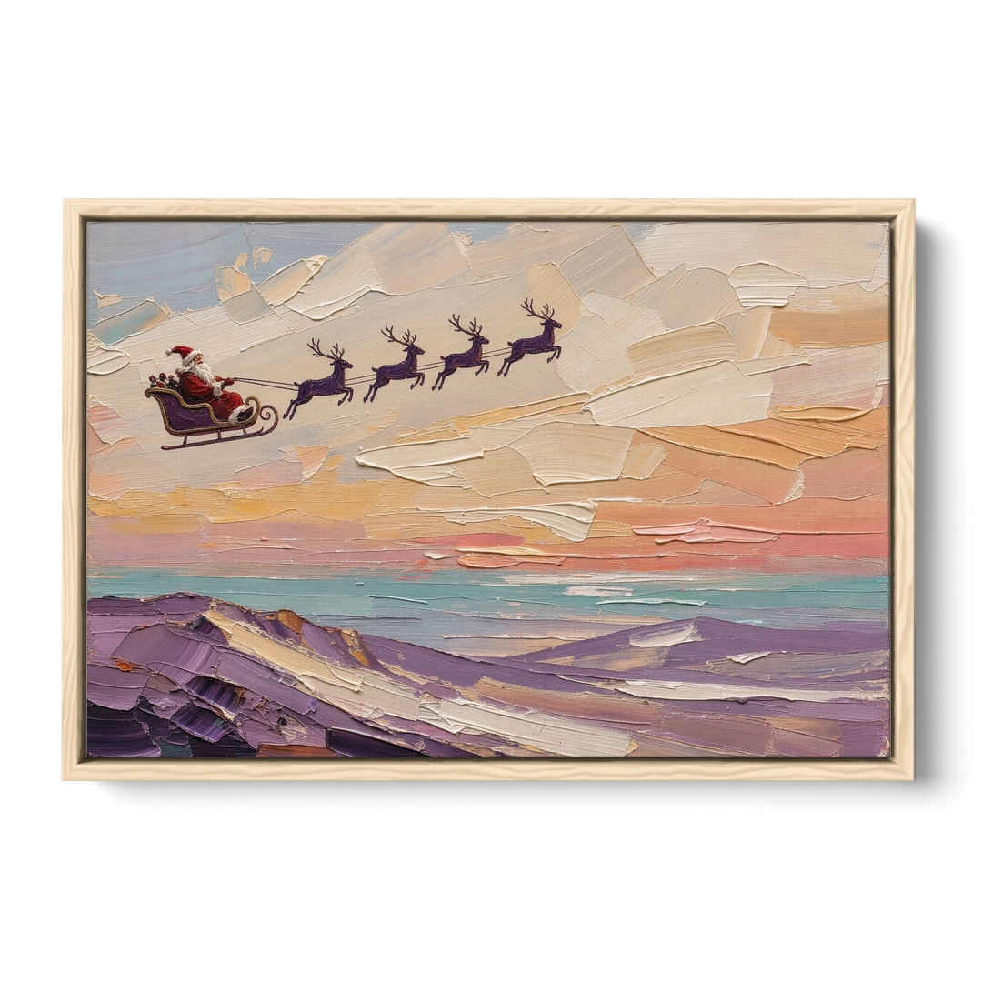 Santa Sleigh Painting Over Lavender Hills - Oak Framed Canvas Wall Art - Front