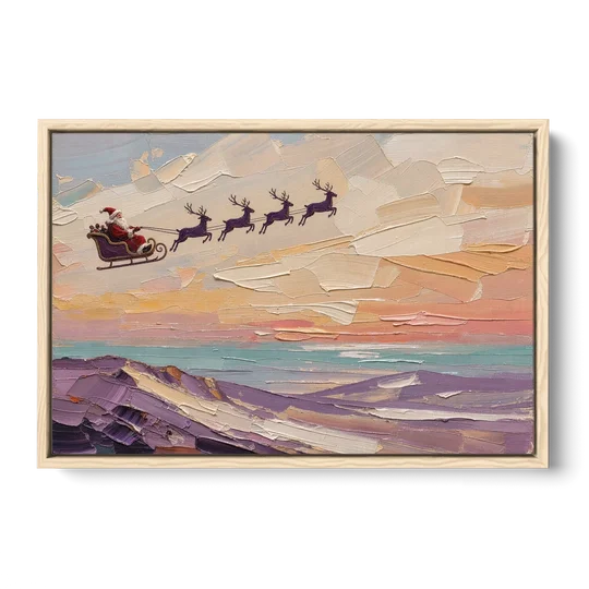 Santa Sleigh Painting Over Lavender Hills - Oak Framed Canvas Wall Art - Front