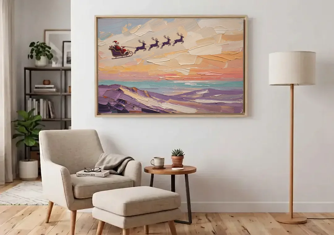 Santa Sleigh Painting Over Lavender Hills canvas wall art above an armchair in a bright living room