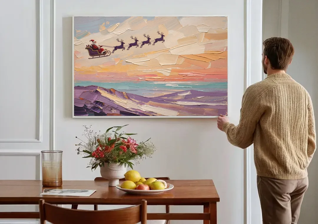 Santa Sleigh Painting Over Lavender Hills canvas wall art above a dining table