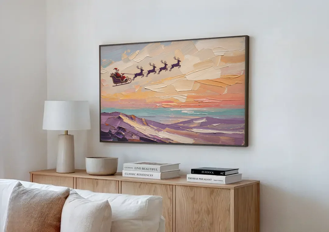 Santa Sleigh Painting Over Lavender Hills canvas wall art above a wooden sideboard next to a sofa