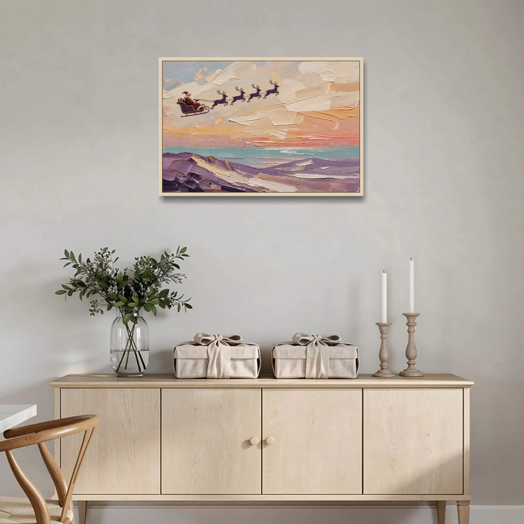 Santa Sleigh Painting Over Lavender Hills - Oak Framed Canvas Wall Art - Coffee Table - 36x24