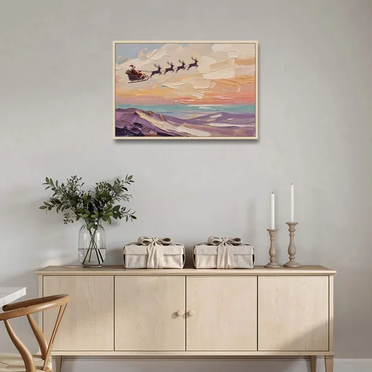Santa Sleigh Painting Over Lavender Hills - Oak Framed Canvas Wall Art - Coffee Table - 36x24