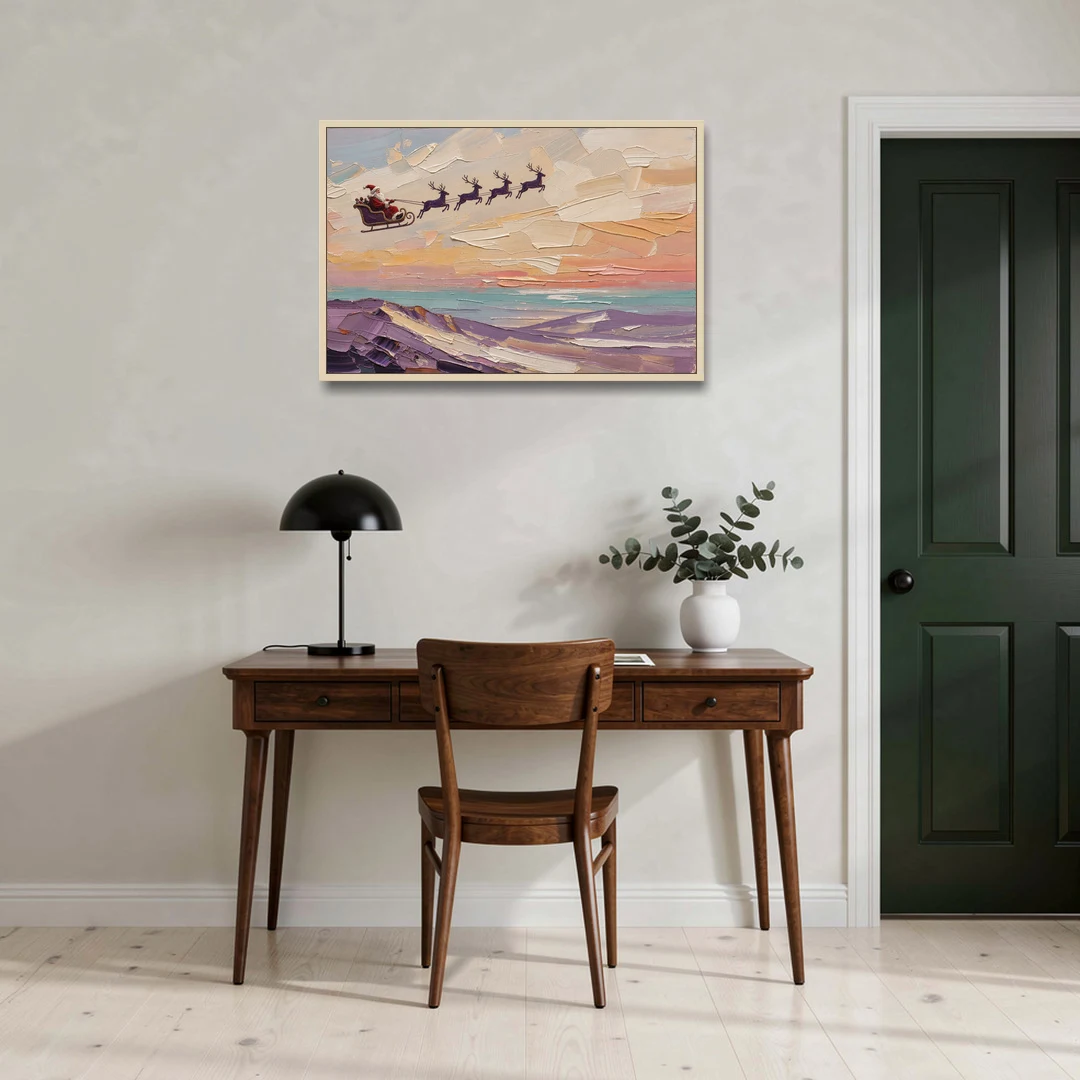 Santa Sleigh Painting Over Lavender Hills - Oak Framed Canvas Wall Art - Office - 36x24