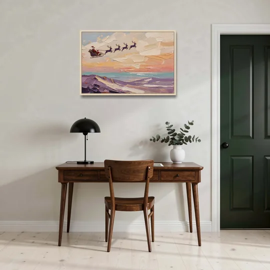 Santa Sleigh Painting Over Lavender Hills - Oak Framed Canvas Wall Art - Office - 36x24