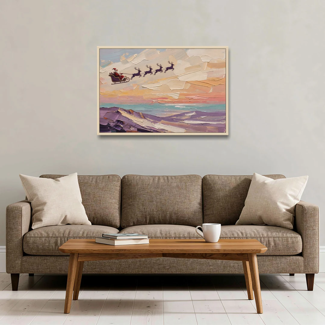 Santa Sleigh Painting Over Lavender Hills - Oak Framed Canvas Wall Art - Sofa - 36x24
