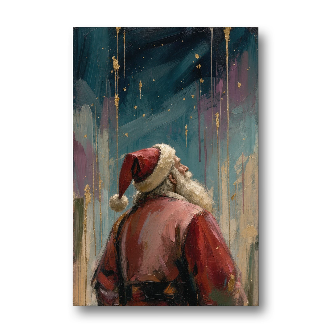 Contemporary Christmas Santa Under Gold Stars - Canvas Wall Art - Front