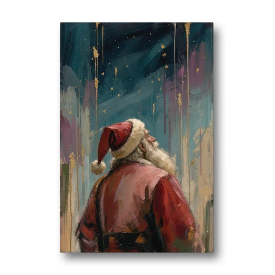 Contemporary Christmas Santa Under Gold Stars - Canvas Wall Art - Front