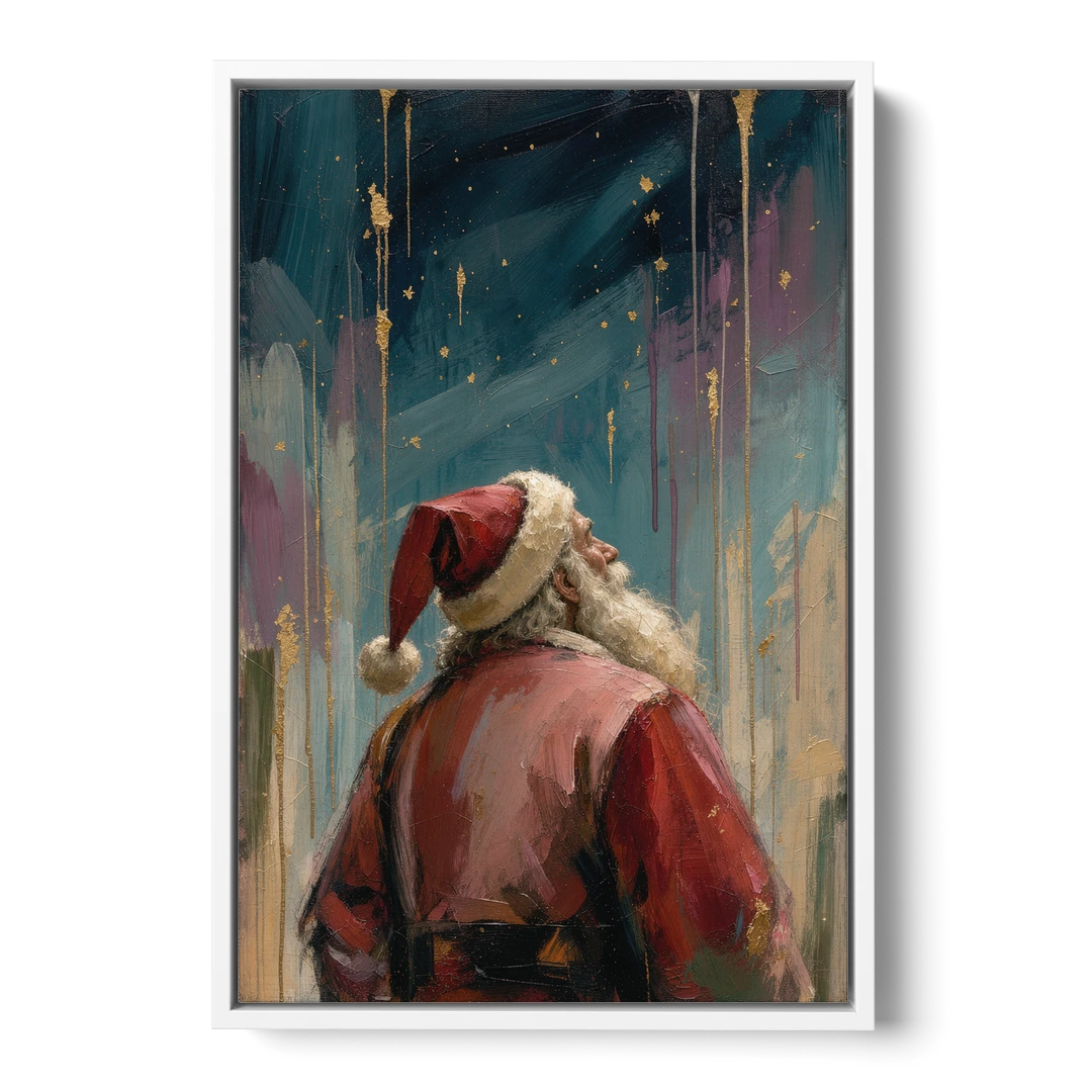 Contemporary Christmas Santa Under Gold Stars - White Framed Canvas Wall Art - Front
