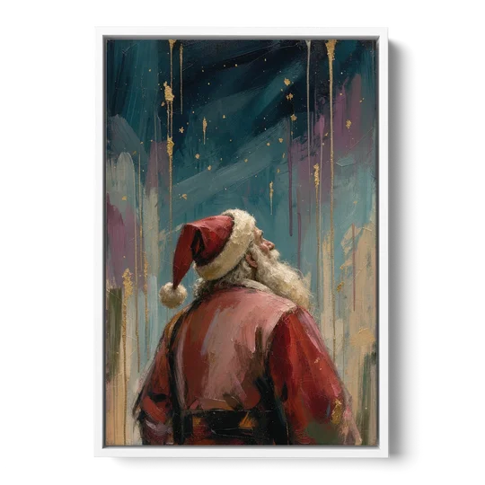 Contemporary Christmas Santa Under Gold Stars - White Framed Canvas Wall Art - Front