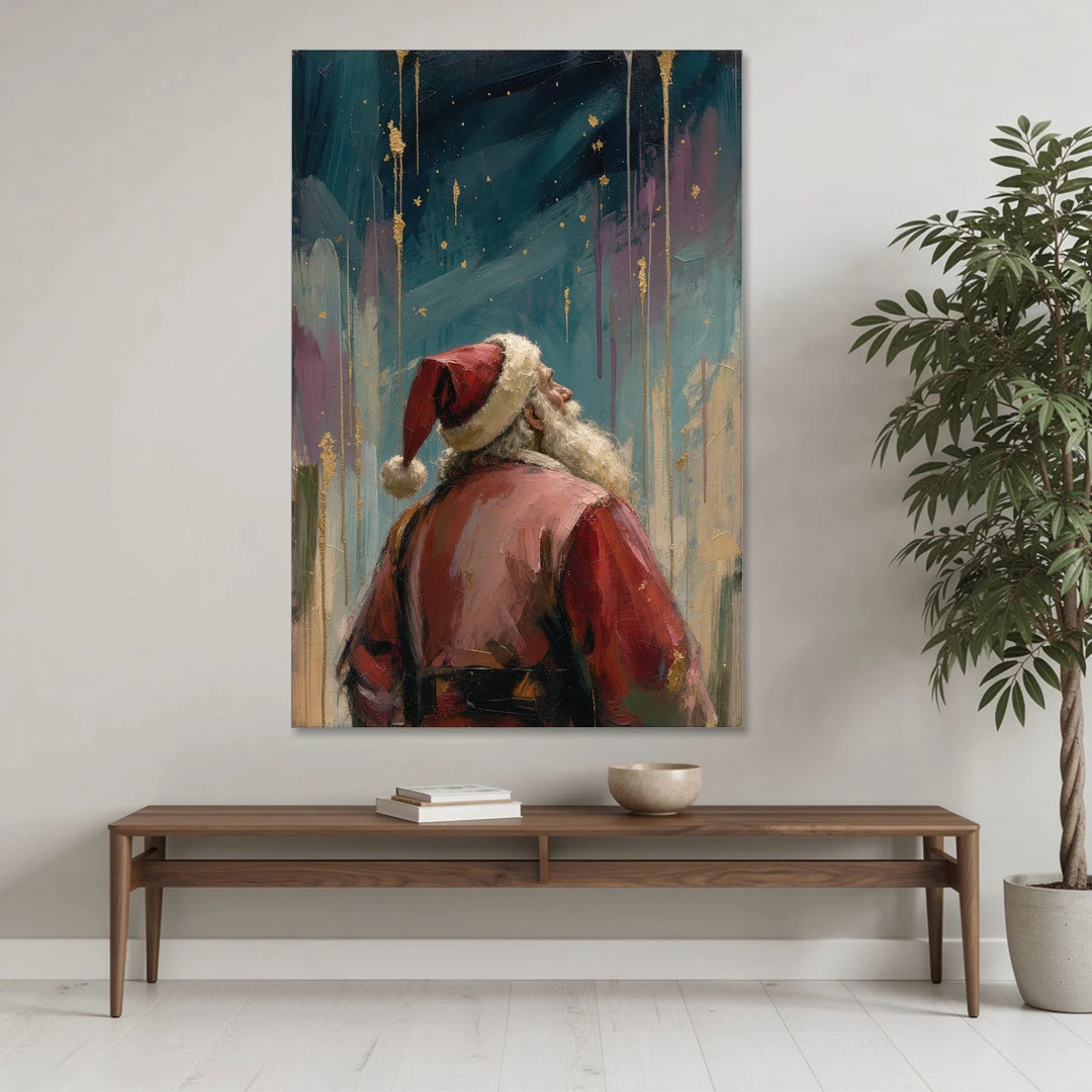 Contemporary Christmas Santa Under Gold Stars - Canvas Wall Art - Coffee Table - 40x60