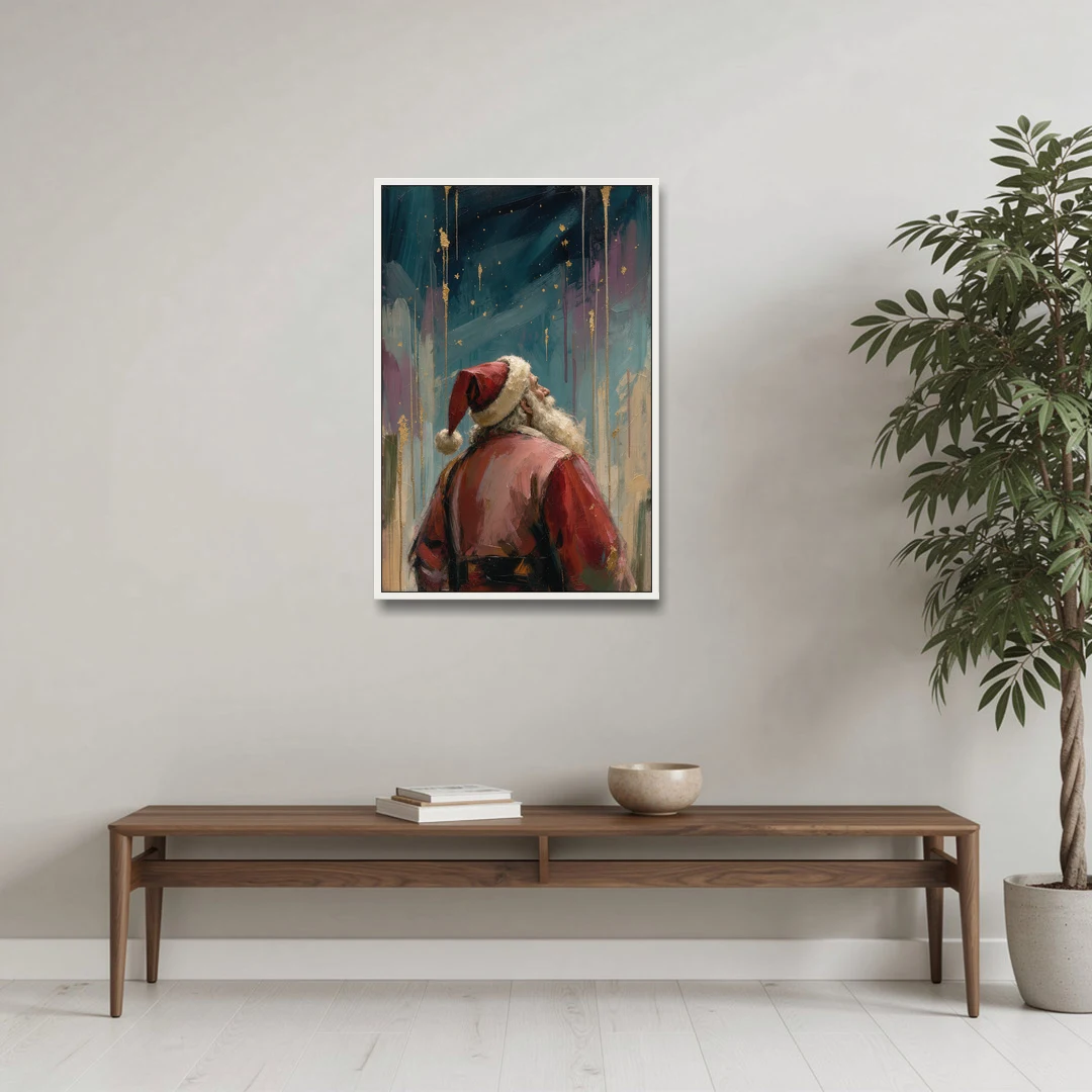 Contemporary Christmas Santa Under Gold Stars - White Framed Canvas Wall Art - Coffee Table - 24x36