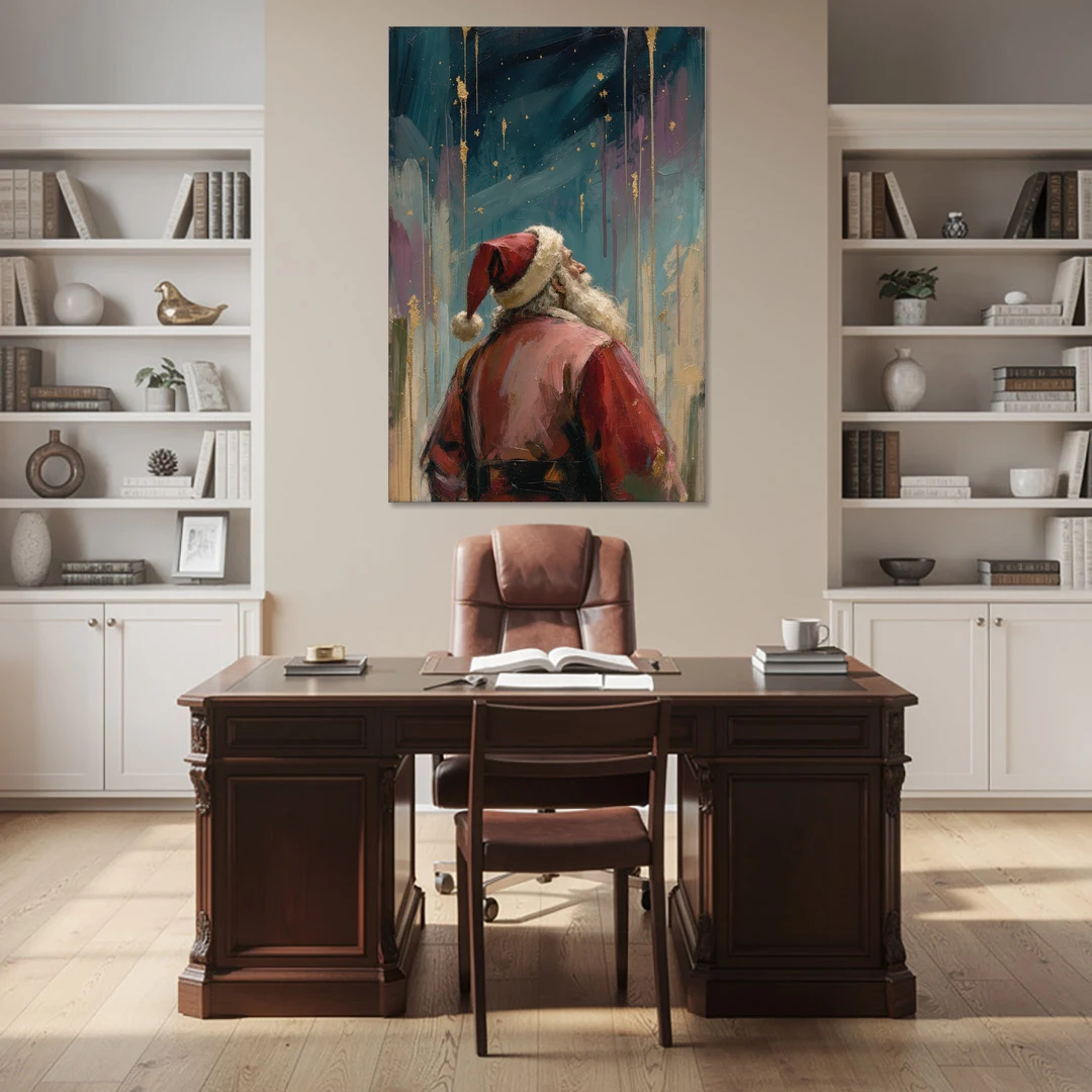 Contemporary Christmas Santa Under Gold Stars - Canvas Wall Art - Office - 40x60