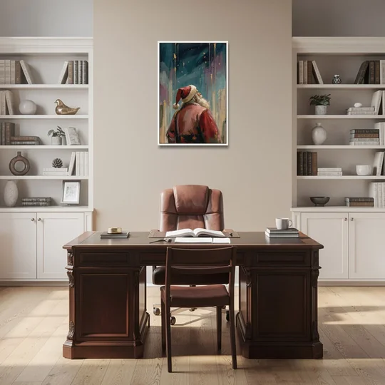 Contemporary Christmas Santa Under Gold Stars - White Framed Canvas Wall Art - Office - 24x36