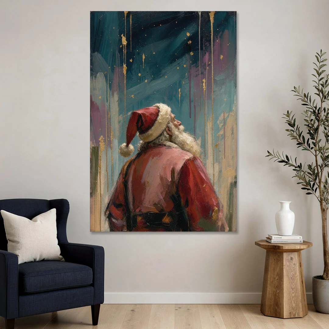 Contemporary Christmas Santa Under Gold Stars - Canvas Wall Art - Sofa - 40x60