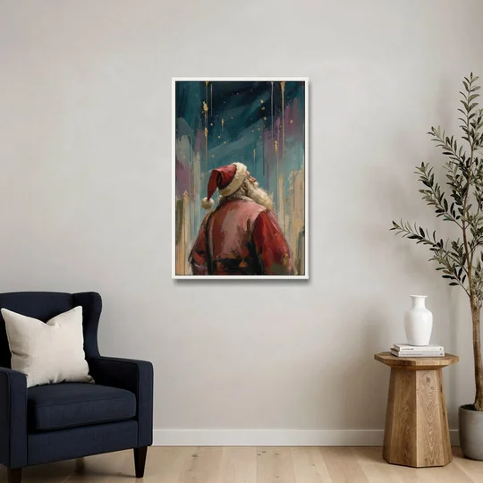 Contemporary Christmas Santa Under Gold Stars - White Framed Canvas Wall Art - Sofa - 24x36