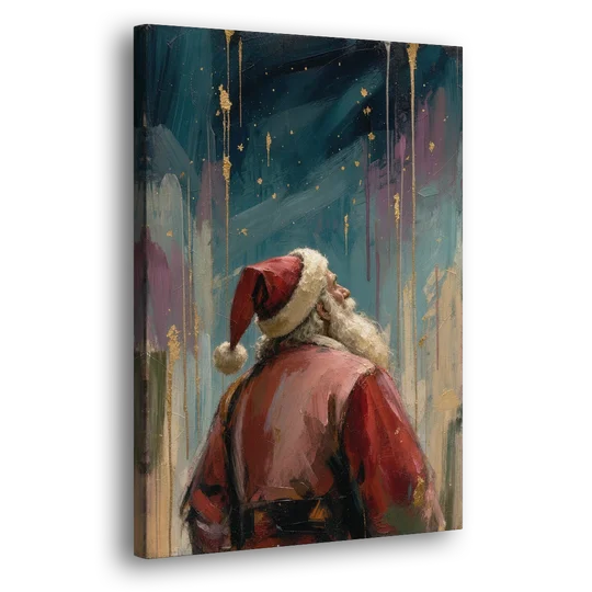 Contemporary Christmas Santa Under Gold Stars - Canvas Wall Art - Side