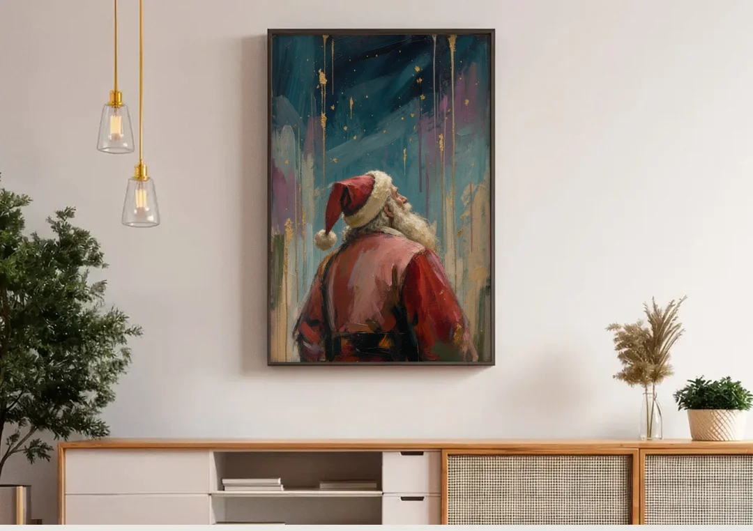 Contemporary Christmas Santa Under Gold Stars canvas wall art above a wooden sideboard under pendant lights
