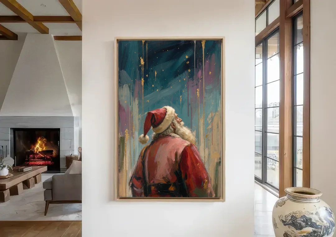 Contemporary Christmas Santa Under Gold Stars canvas wall art in a living room with a fireplace