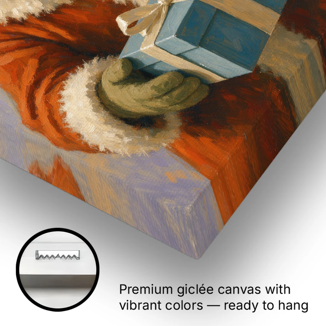 Framed Christmas Santa with the Blue Gift - Canvas Wall Art - Gallery Wrap Corner