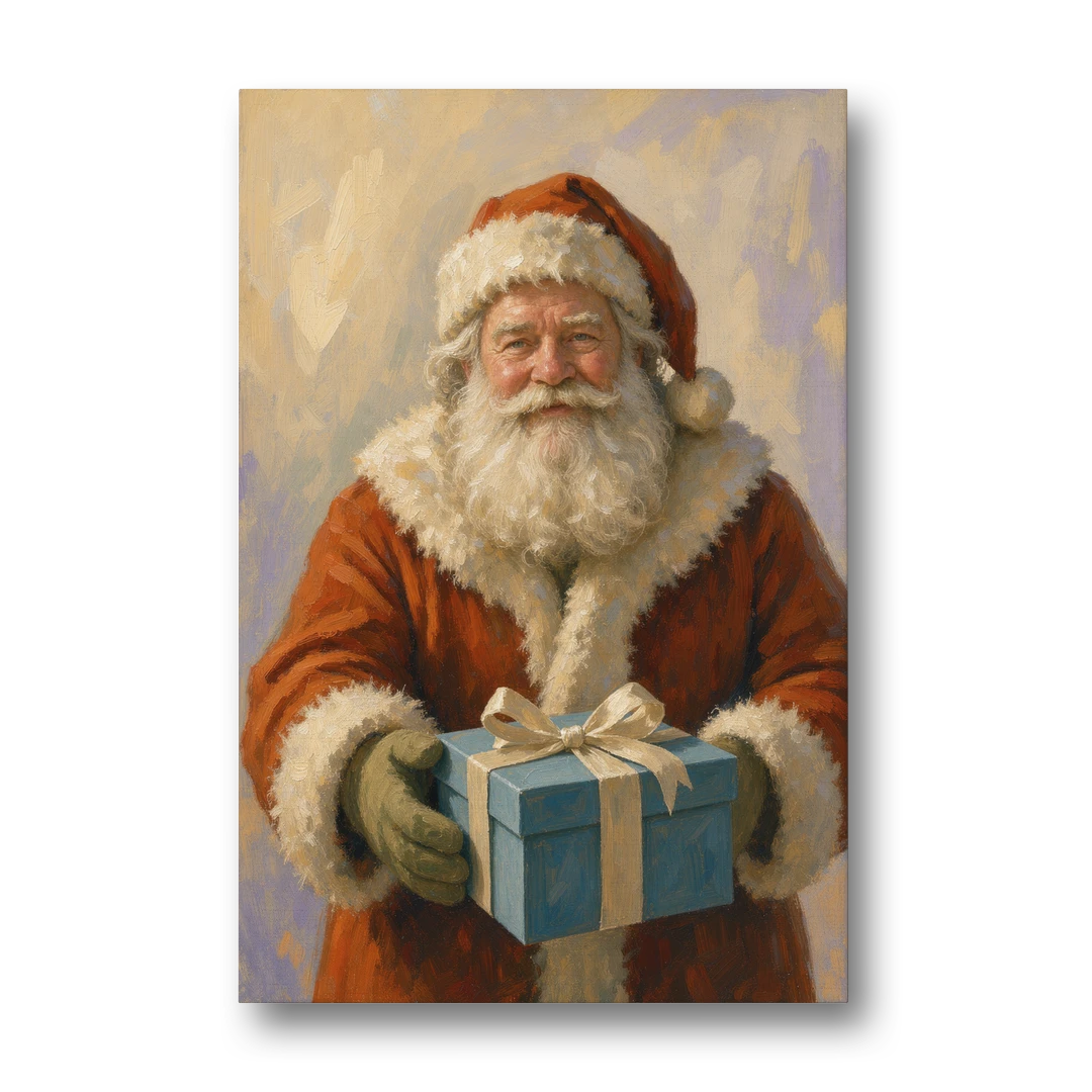 Framed Christmas Santa with the Blue Gift - Canvas Wall Art - Front