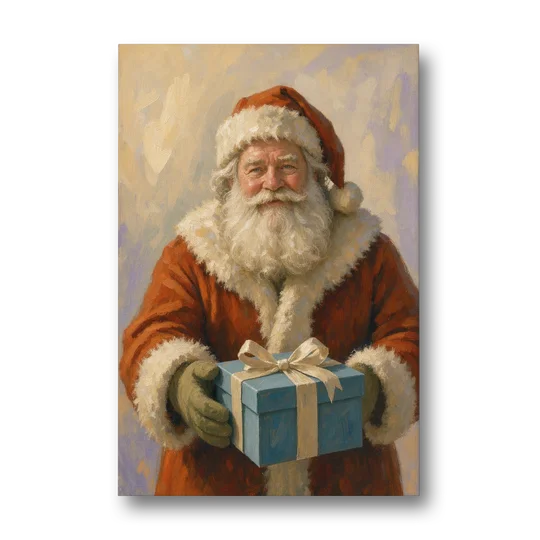 Framed Christmas Santa with the Blue Gift - Canvas Wall Art - Front