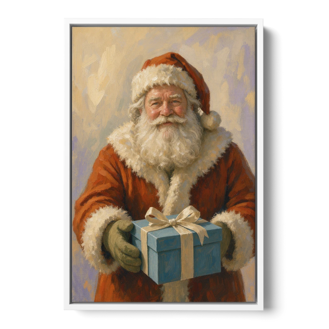 Framed Christmas Santa with the Blue Gift - White Framed Canvas Wall Art - Front