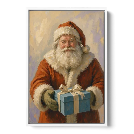 Framed Christmas Santa with the Blue Gift - White Framed Canvas Wall Art - Front