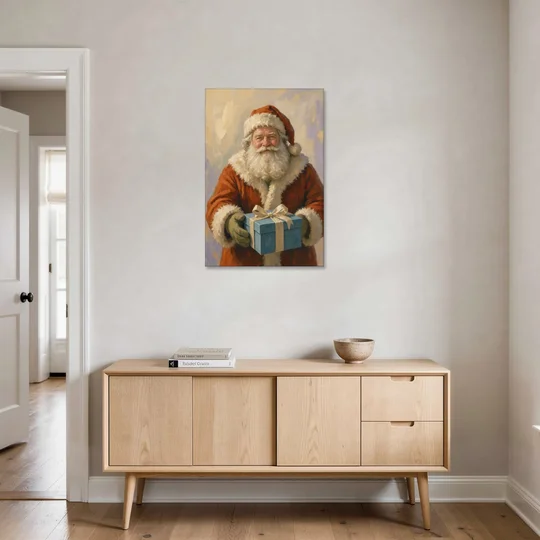 Framed Christmas Santa with the Blue Gift - Canvas Wall Art - Coffee Table - 24x36
