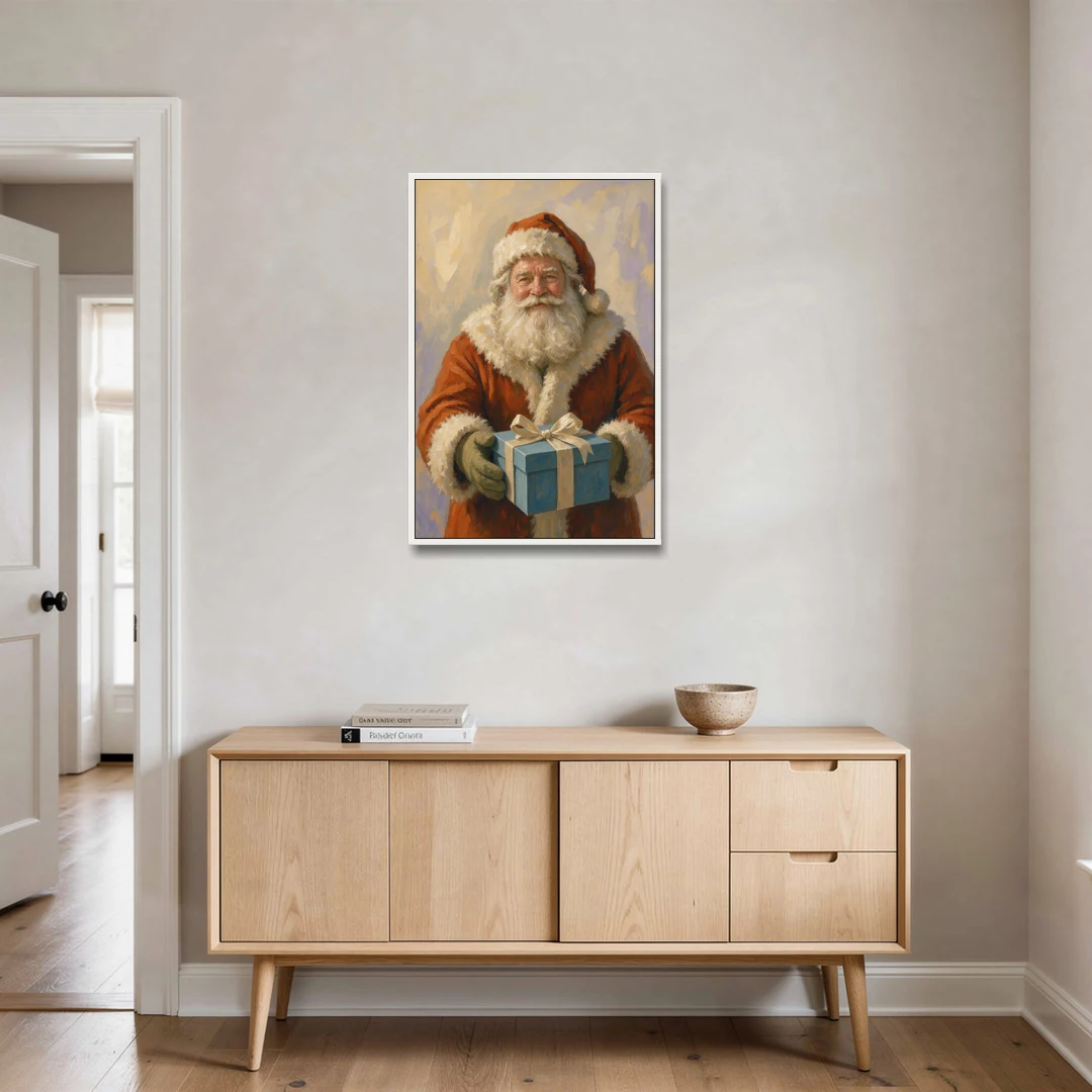 Framed Christmas Santa with the Blue Gift - White Framed Canvas Wall Art - Coffee Table - 24x36