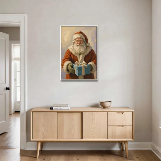Framed Christmas Santa with the Blue Gift - White Framed Canvas Wall Art - Coffee Table - 24x36