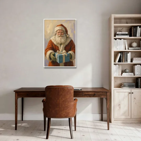 Framed Christmas Santa with the Blue Gift - White Framed Canvas Wall Art - Office - 24x36