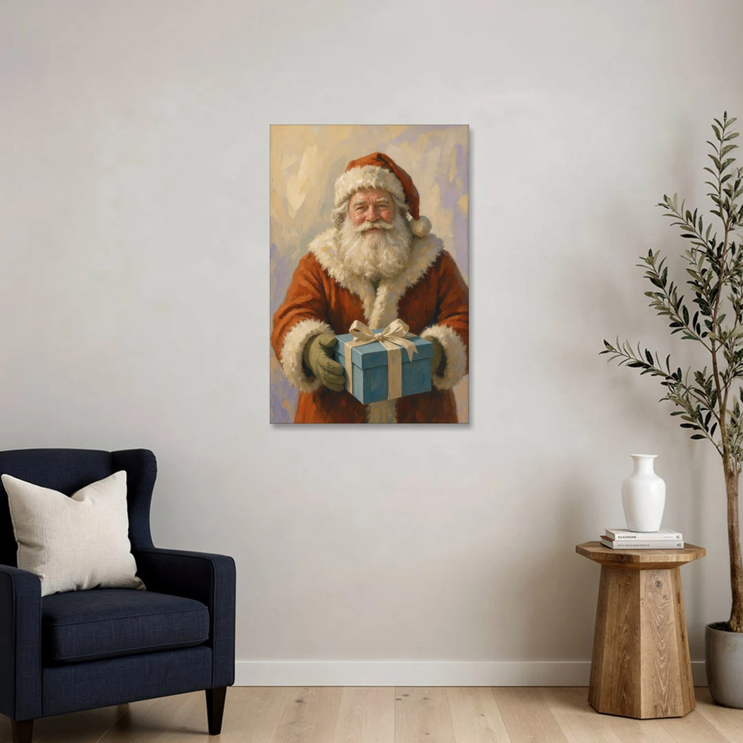 Framed Christmas Santa with the Blue Gift - Canvas Wall Art - Sofa - 24x36