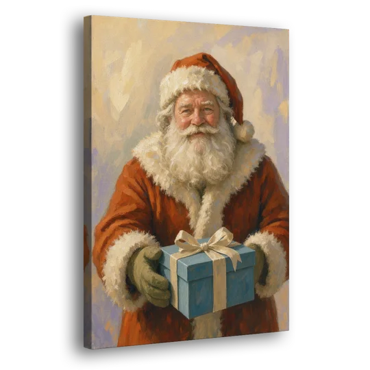 Framed Christmas Santa with the Blue Gift - Canvas Wall Art - Side
