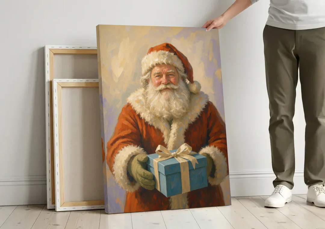 Framed Christmas Santa with the Blue Gift canvas wall art leaning against a wall next to blank canvases