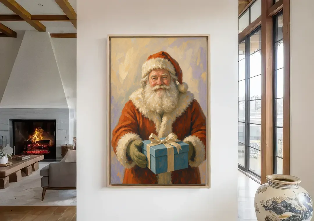 Framed Christmas Santa with the Blue Gift canvas wall art in a living room with a fireplace