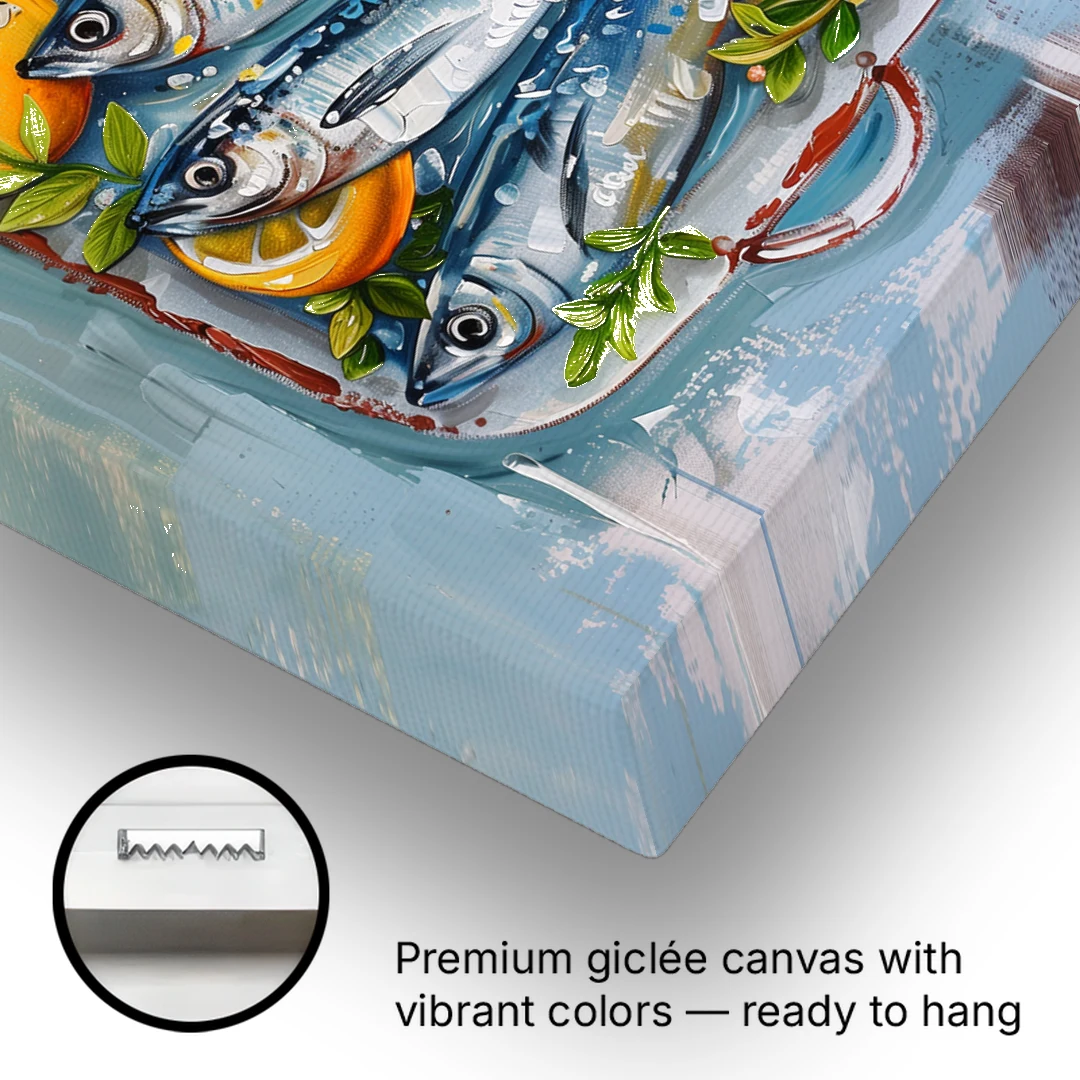 Sardines Painting with Lemon Slices - Canvas Wall Art - Gallery Wrap Corner