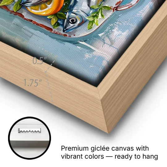 Sardines Painting with Lemon Slices - Oak Framed Canvas Wall Art - Gallery Wrap Corner