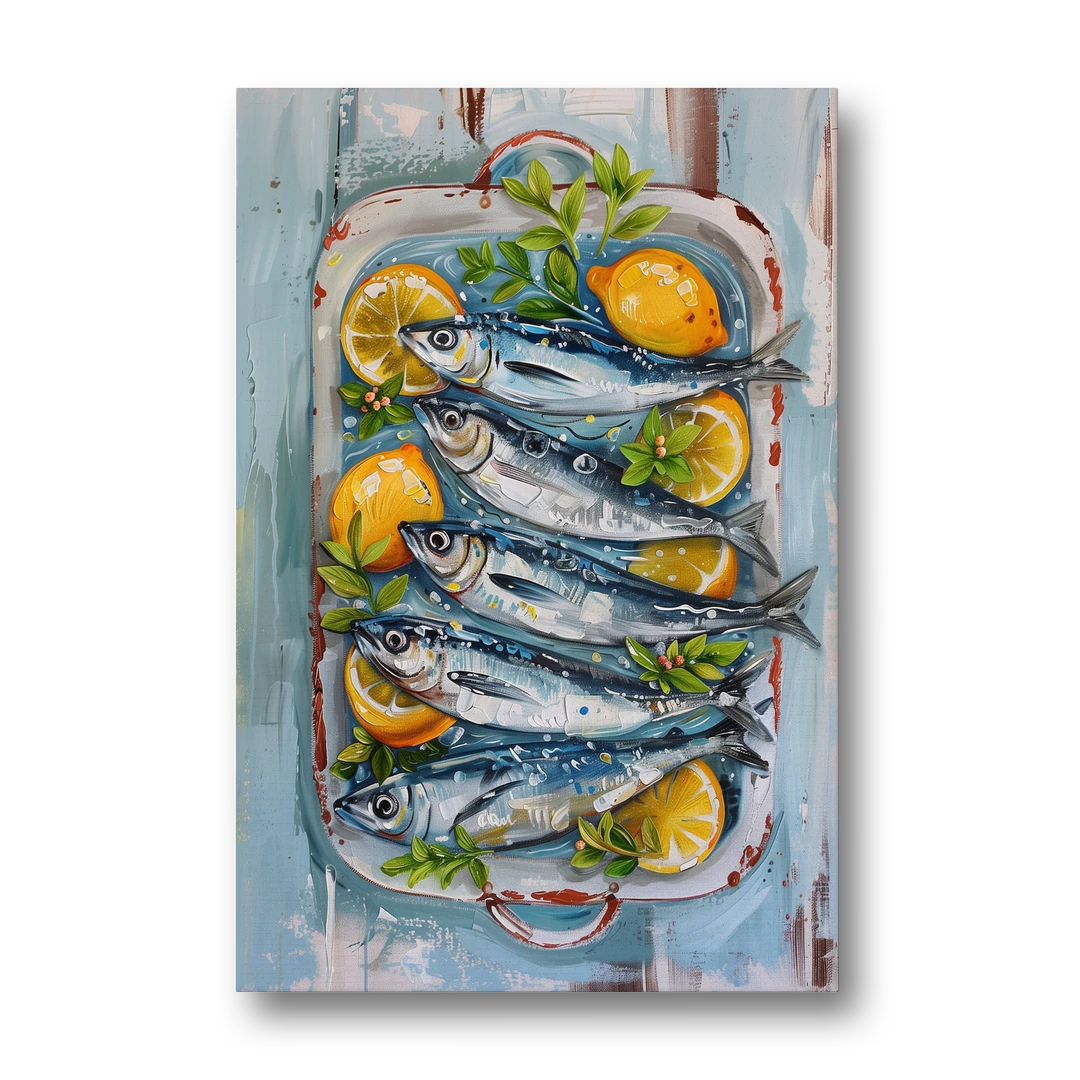 Sardines Painting with Lemon Slices - Canvas Wall Art - Front