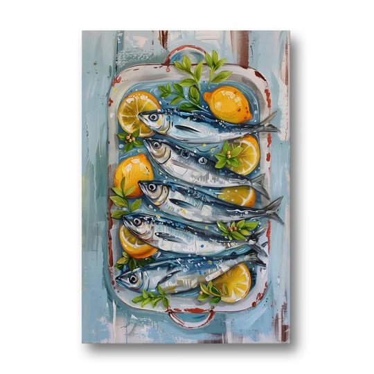 Sardines Painting with Lemon Slices - Canvas Wall Art - Front