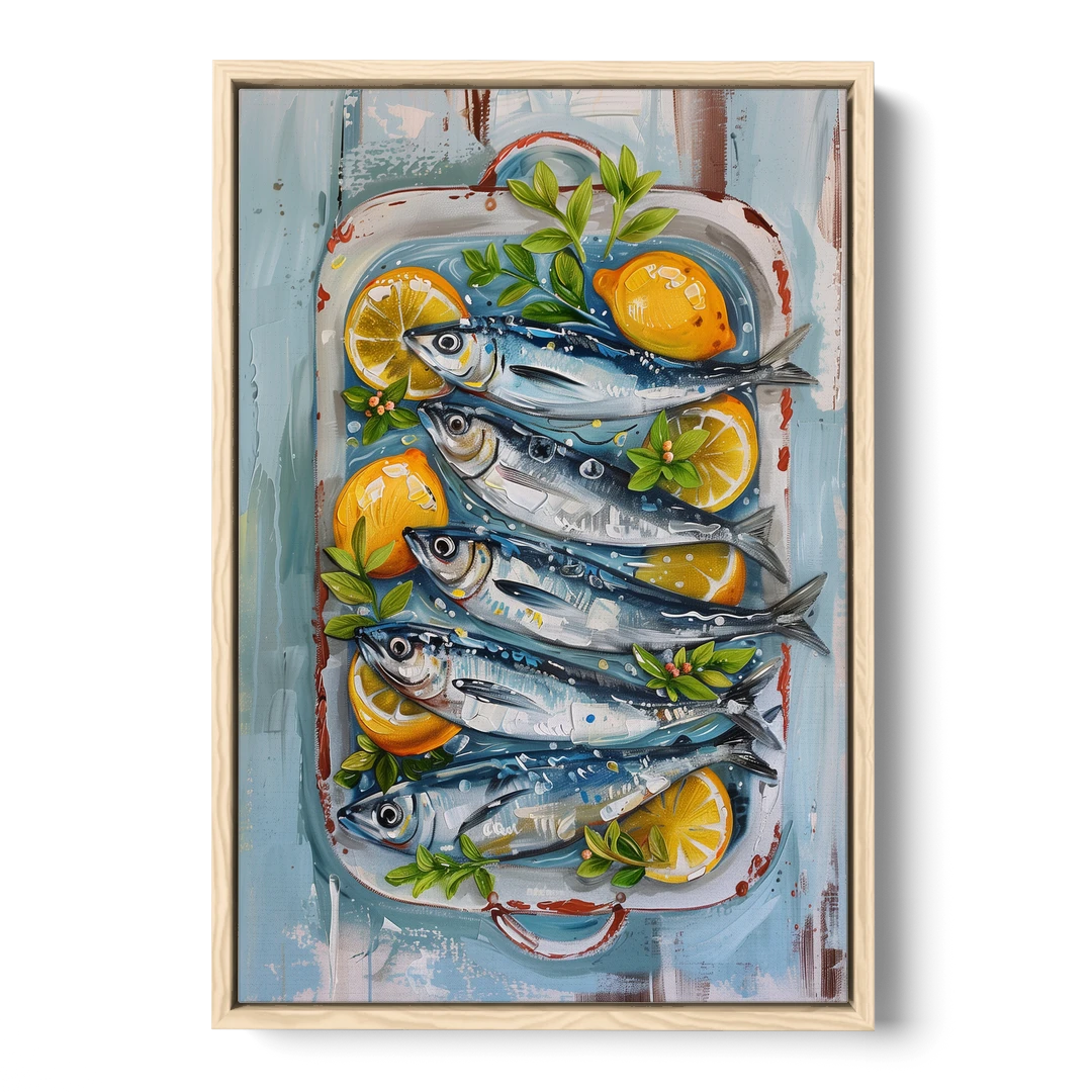 Sardines Painting with Lemon Slices - Oak Framed Canvas Wall Art - Front