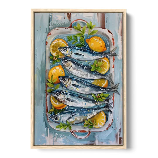 Sardines Painting with Lemon Slices - Oak Framed Canvas Wall Art - Front