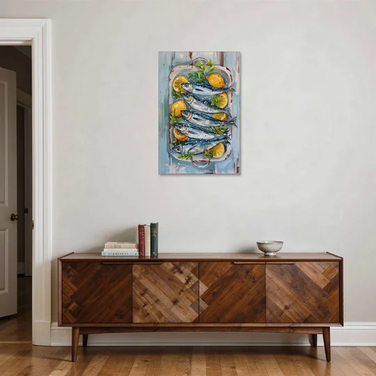 Sardines Painting with Lemon Slices - Canvas Wall Art - Coffee Table - 24x36