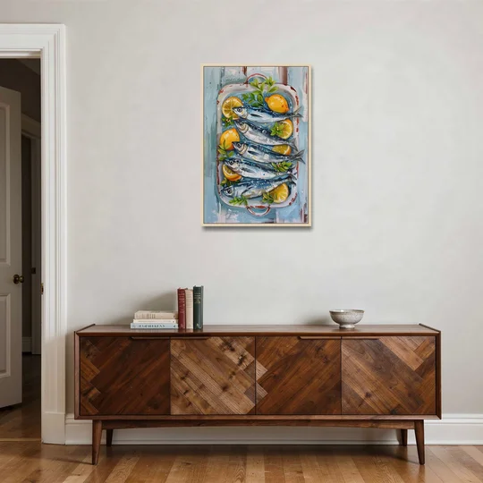 Sardines Painting with Lemon Slices - Oak Framed Canvas Wall Art - Coffee Table - 24x36