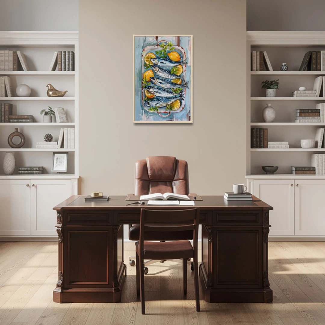 Sardines Painting with Lemon Slices - Oak Framed Canvas Wall Art - Office - 24x36