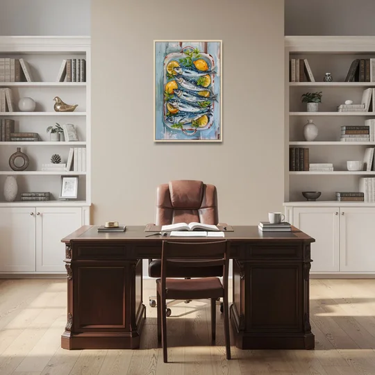 Sardines Painting with Lemon Slices - Oak Framed Canvas Wall Art - Office - 24x36